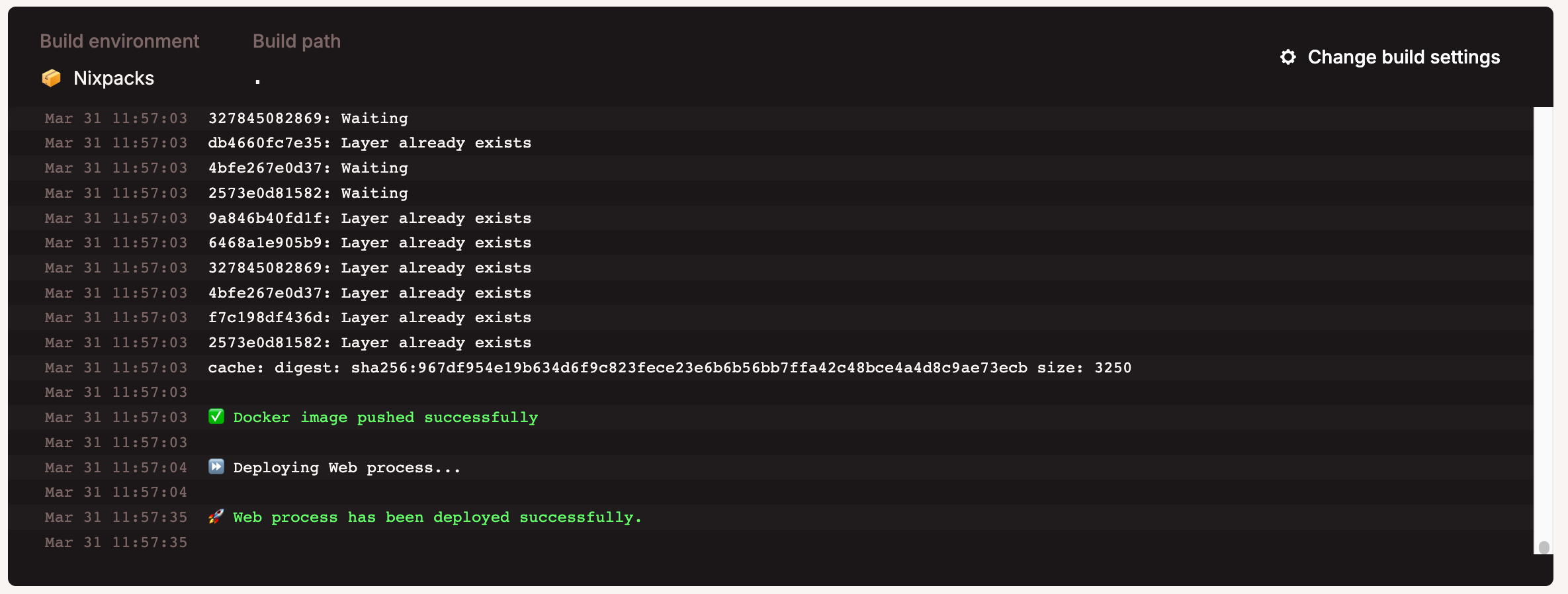 The application deployment log for an individual deployment.